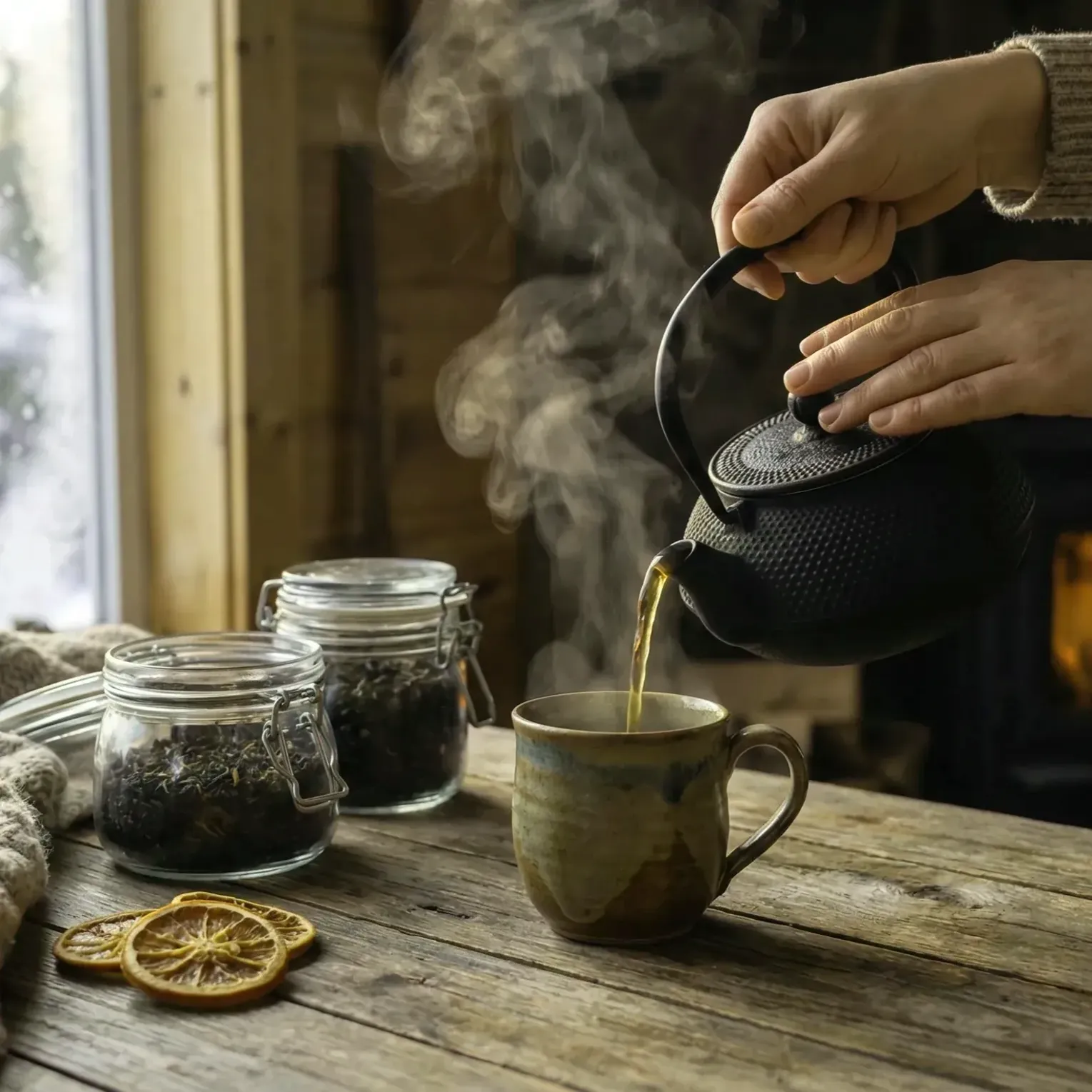 Чай з чавунного чайника ллється в керамічний кухоль